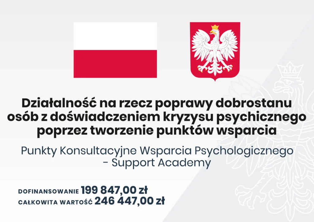 informacja o finansowaniu projektu Punktów Konsultacyjnych Wsparcia Psychologicznego Support Academy. Kwota dofinansowania: 199 847 zł, Całkowita wartość: 246 447 zł